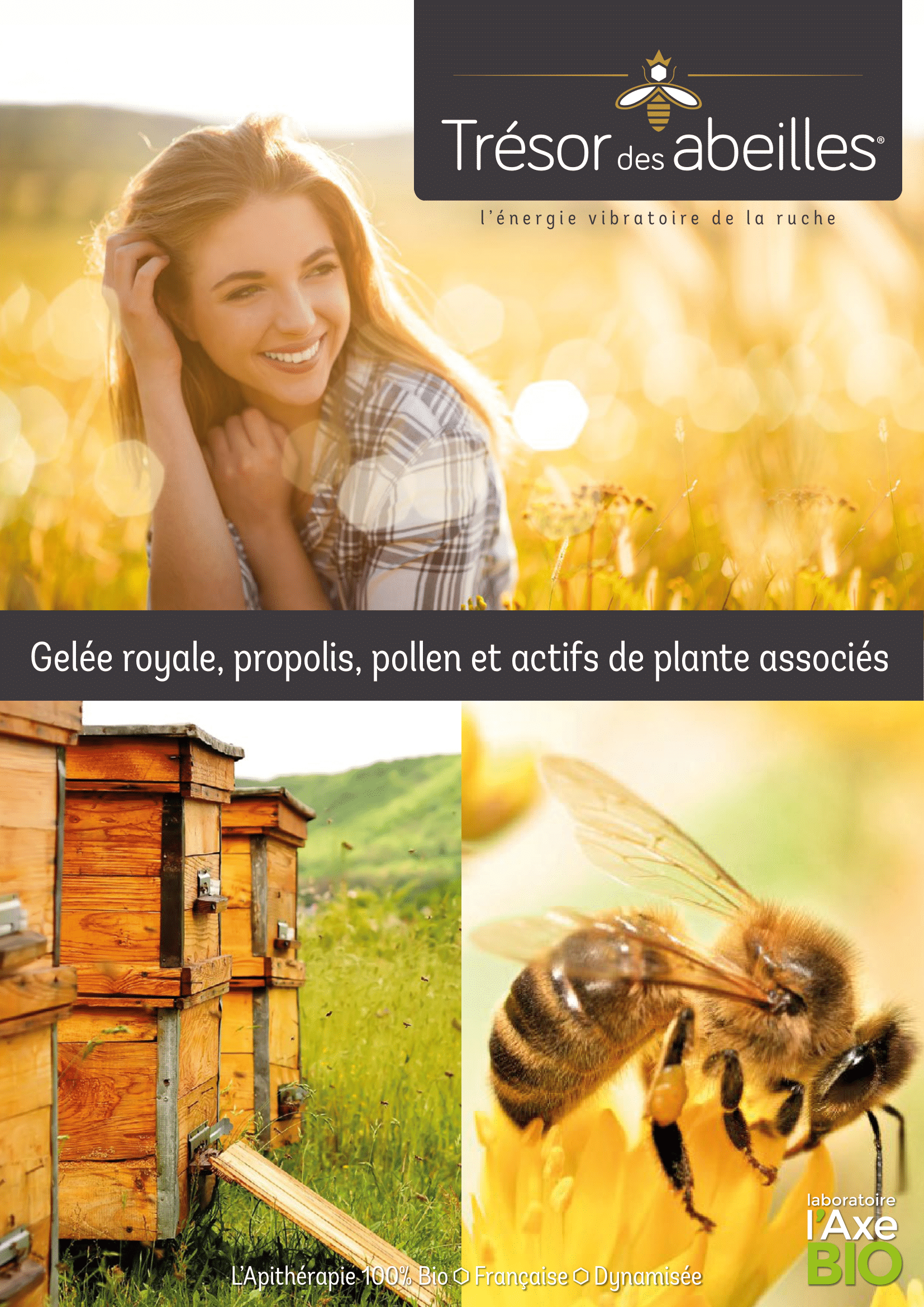 Couverture catalogue Trésor des Abeilles — apicultrice au travail près d'une ruche, apithérapie 100% bio française