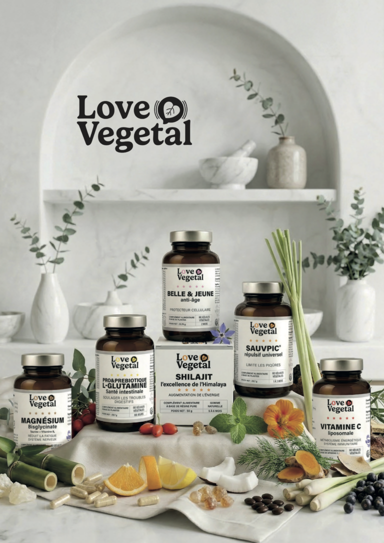 Couverture catalogue Love Vegetal 2025 — packshots lifestyle de compléments alimentaires pour la beauté et le bien-être